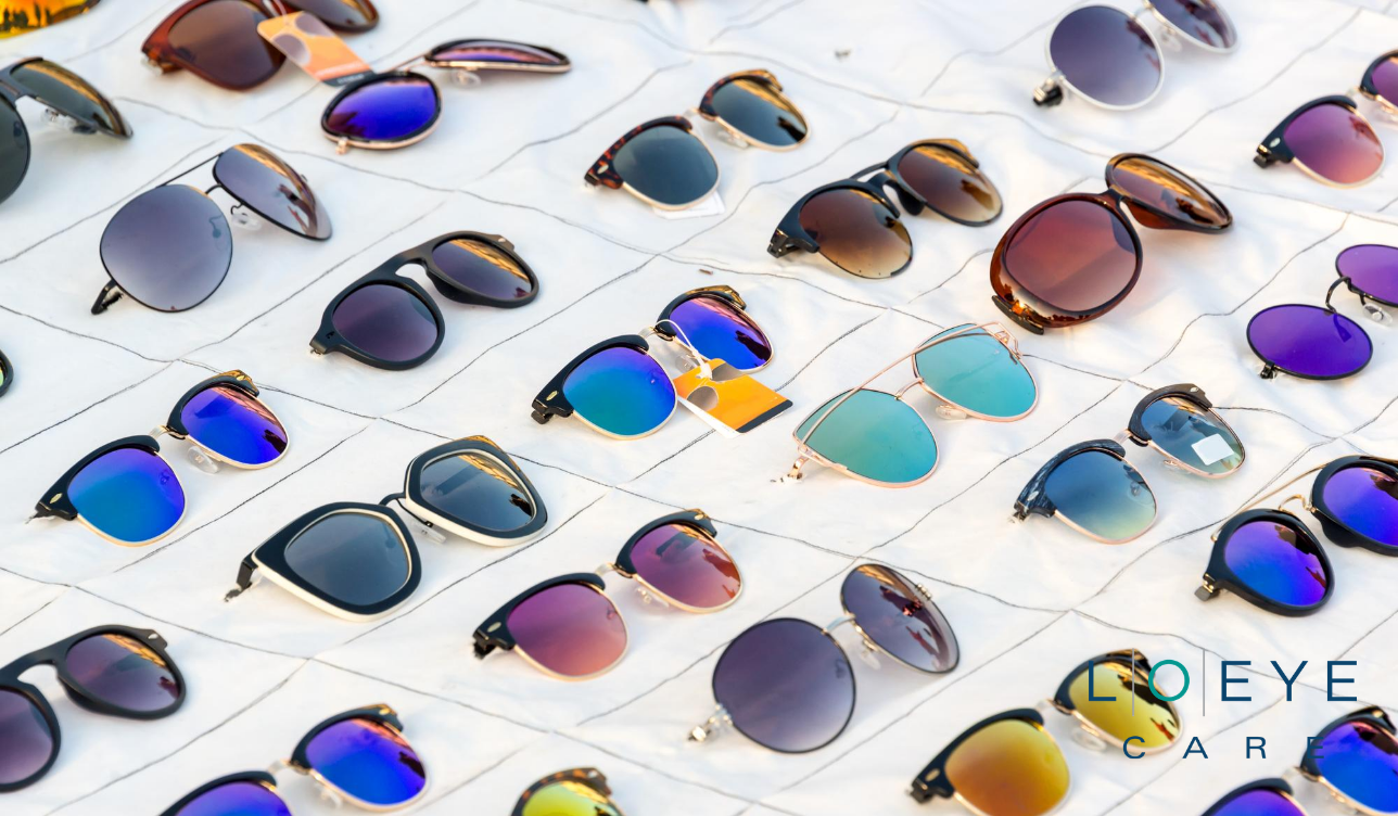 Sunglasses laying out in a pattern