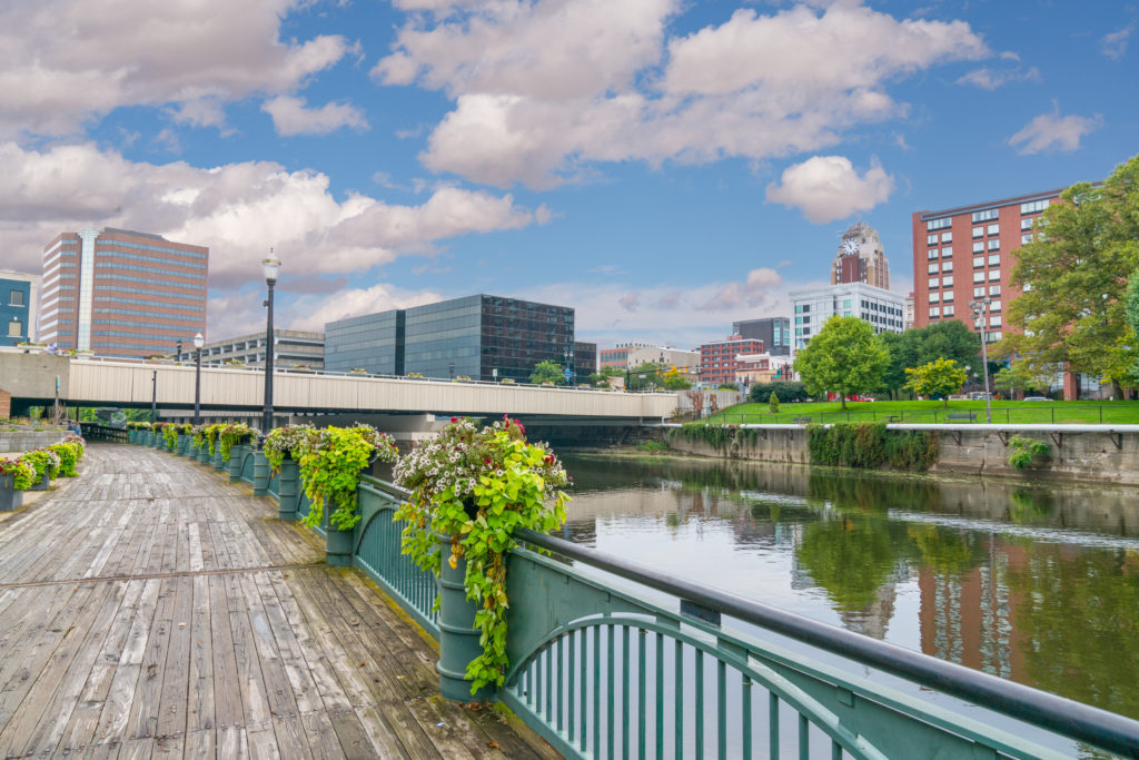 City skyline of Lansing, Michigan along the Grand River City skyline of Lansing, Michigan along the Grand River